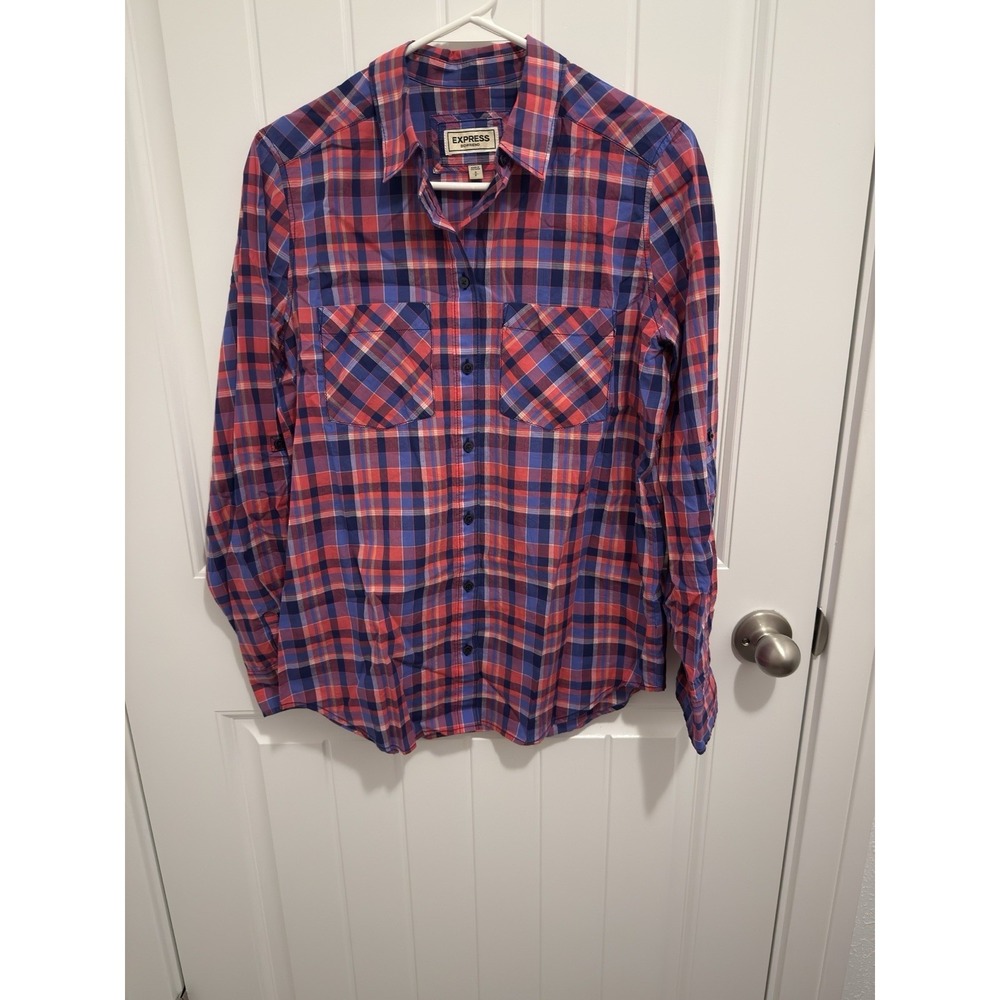 Express Boyfriend Red Plaid Long Shirt Button‎ Down Shirt Size Small